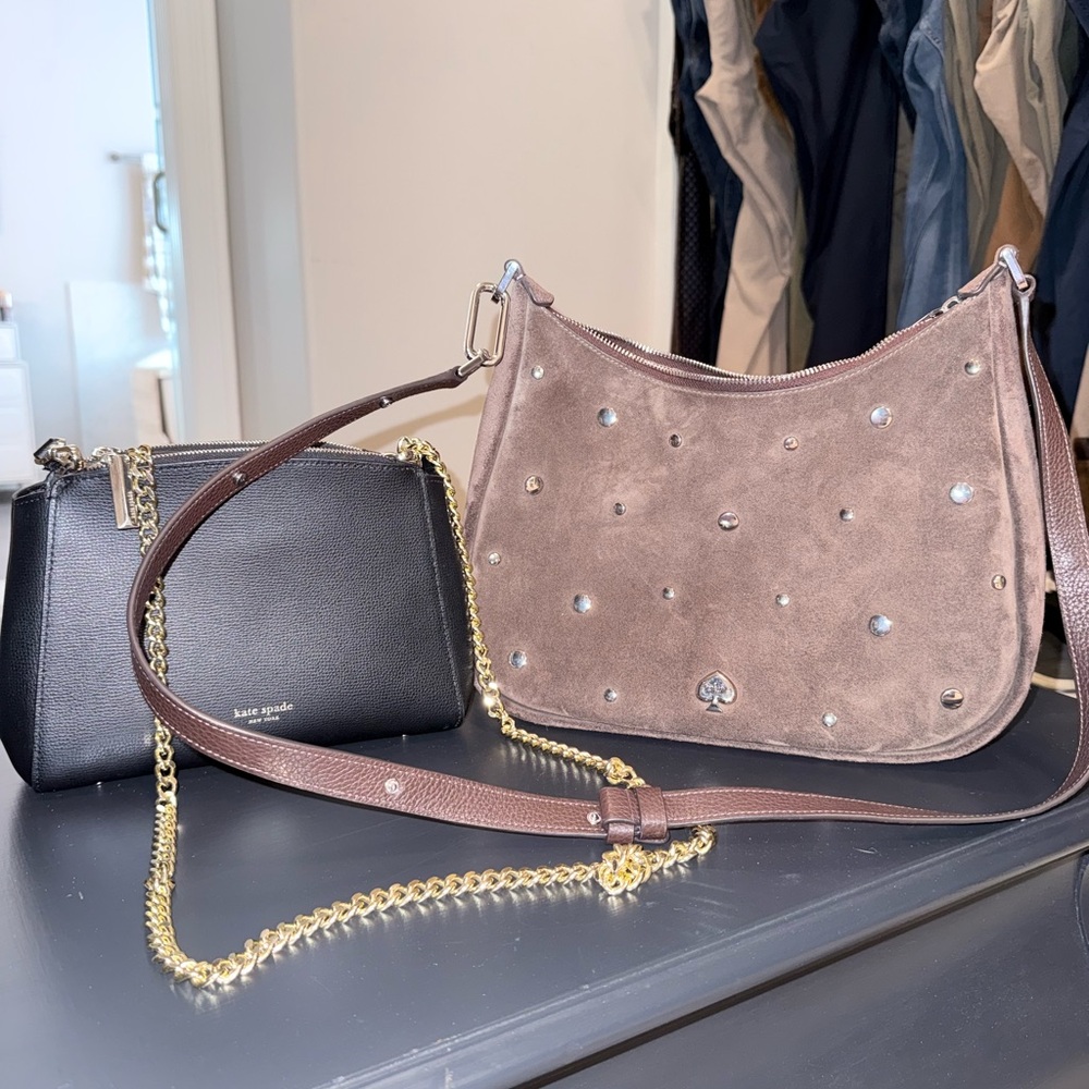 Kate Spade Kayla Brown Suede Crossbody Bag with Studs and Black Kate Spade Cross